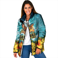 Personalized Hawaii 60th Birthday Eagle Padded Jacket Tropical Sunset Beach Hibiscus Ocean Wave TS04 Women Blue Yellow - Polynesian Pride