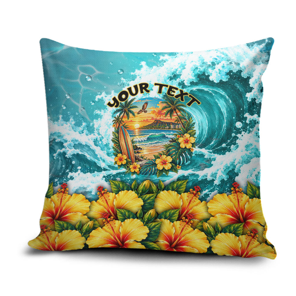 Personalized Hawaii 60th Birthday Eagle Pillow Cover Tropical Sunset Beach Hibiscus Ocean Wave TS04 Blue Yellow - Polynesian Pride