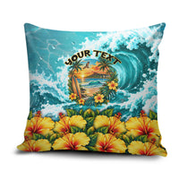 Personalized Hawaii 60th Birthday Eagle Pillow Cover Tropical Sunset Beach Hibiscus Ocean Wave TS04 Blue Yellow - Polynesian Pride
