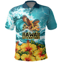 Personalized Hawaii 60th Birthday Eagle Polo Shirt Tropical Sunset Beach Hibiscus Ocean Wave TS04 Blue Yellow - Polynesian Pride