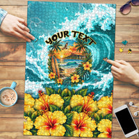 Personalized Hawaii 60th Birthday Eagle Puzzle Tropical Sunset Beach Hibiscus Ocean Wave TS04 Blue Yellow - Polynesian Pride
