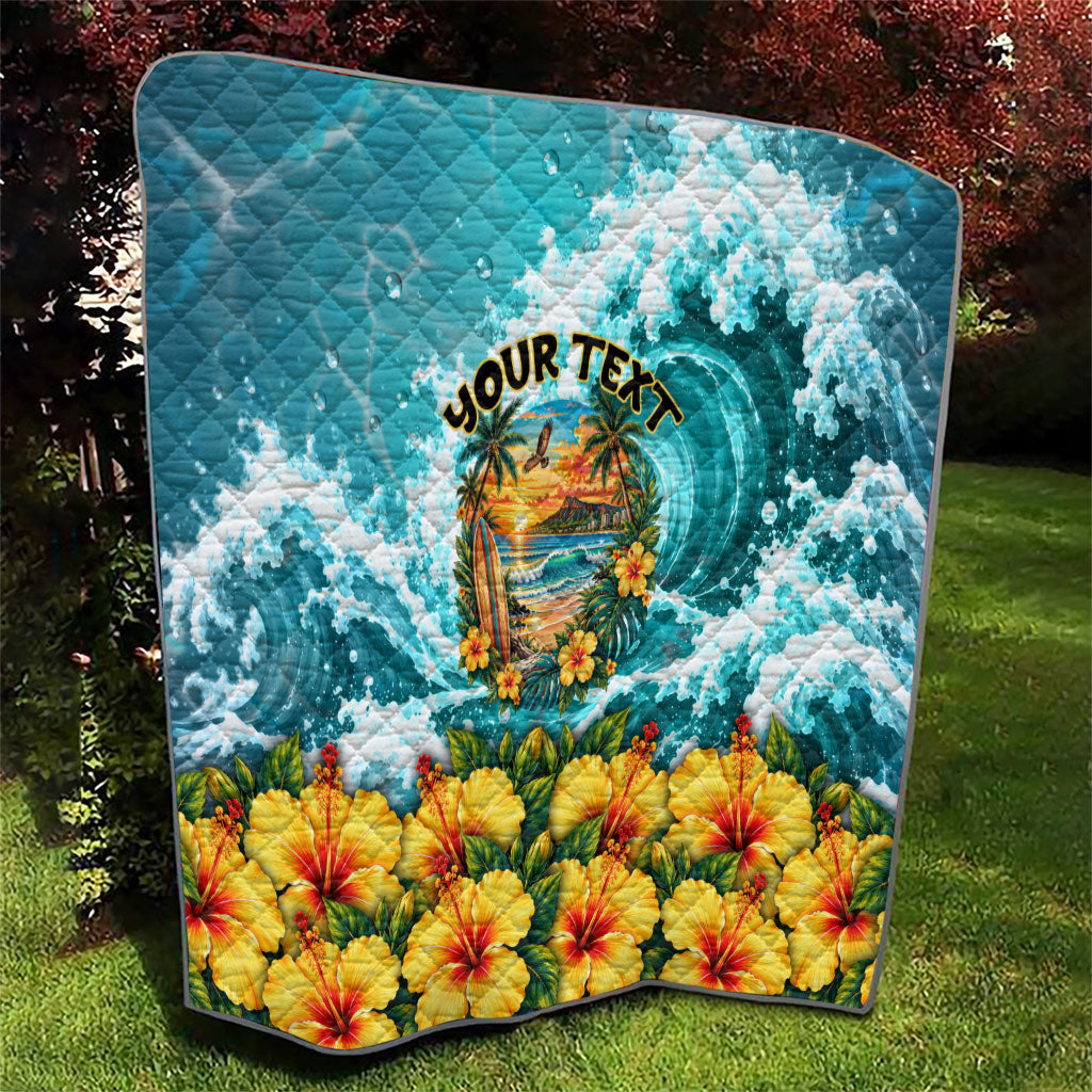 Personalized Hawaii 60th Birthday Eagle Quilt Tropical Sunset Beach Hibiscus Ocean Wave