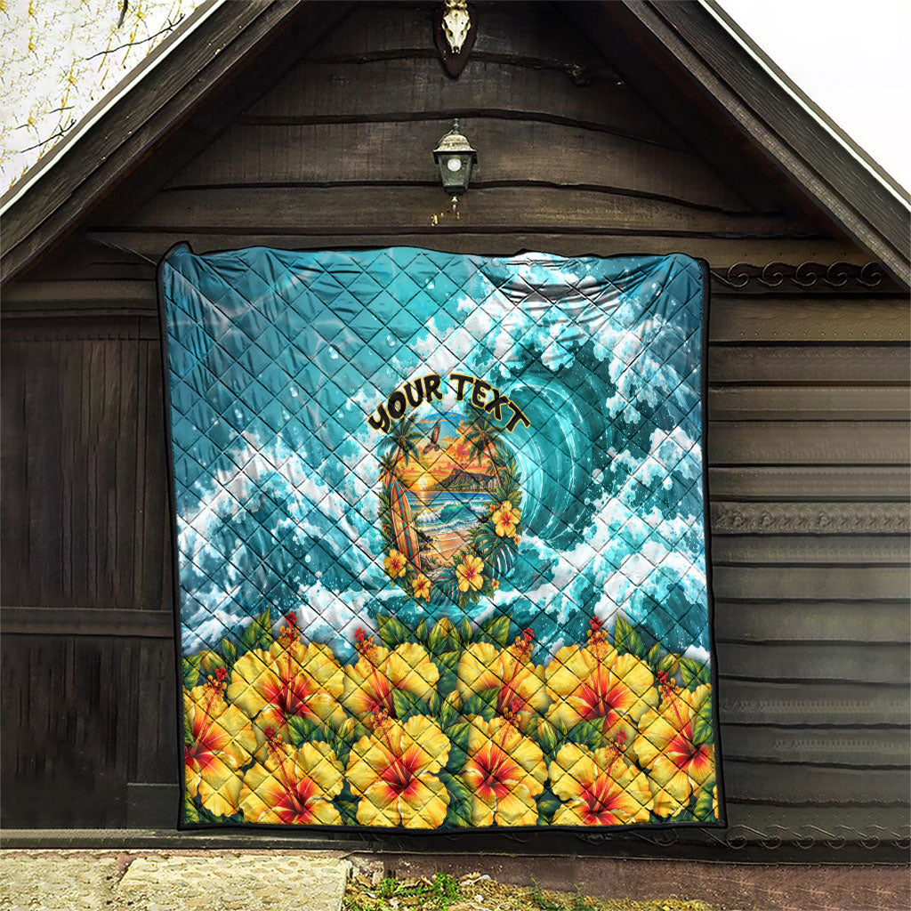 Personalized Hawaii 60th Birthday Eagle Quilt Tropical Sunset Beach Hibiscus Ocean Wave