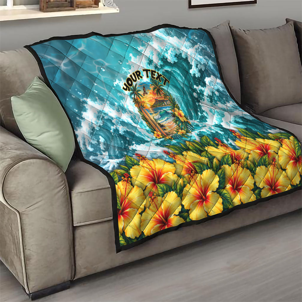 Personalized Hawaii 60th Birthday Eagle Quilt Tropical Sunset Beach Hibiscus Ocean Wave