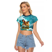 Personalized Hawaii 60th Birthday Eagle Raglan Cropped T Shirt Tropical Sunset Beach Hibiscus Ocean Wave TS04 Female Blue Yellow - Polynesian Pride