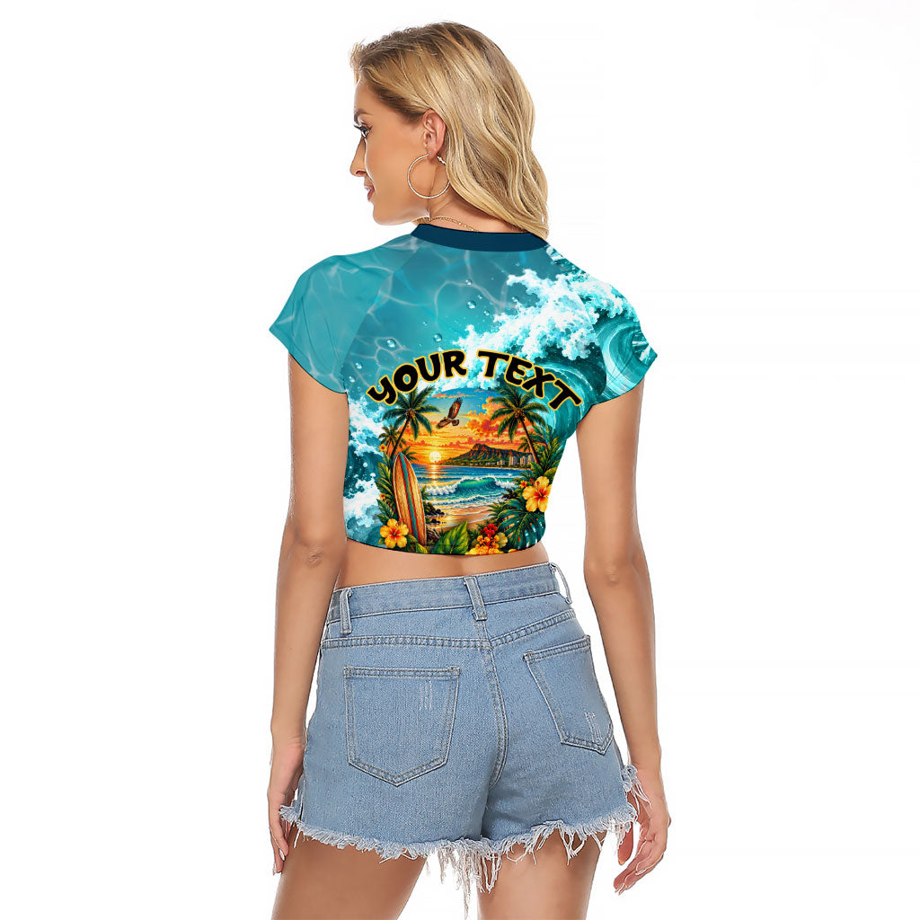 Personalized Hawaii 60th Birthday Eagle Raglan Cropped T Shirt Tropical Sunset Beach Hibiscus Ocean Wave TS04 - Polynesian Pride