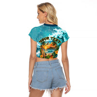 Personalized Hawaii 60th Birthday Eagle Raglan Cropped T Shirt Tropical Sunset Beach Hibiscus Ocean Wave TS04 - Polynesian Pride