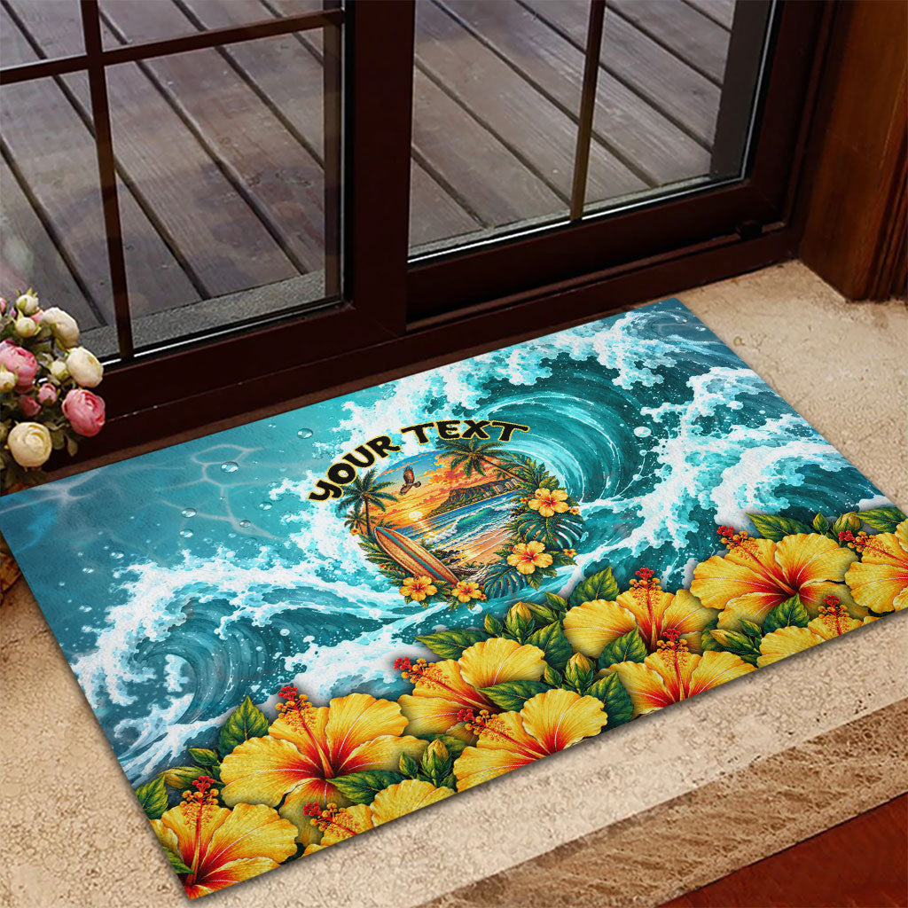 Personalized Hawaii 60th Birthday Eagle Rubber Doormat Tropical Sunset Beach Hibiscus Ocean Wave TS04 - Polynesian Pride