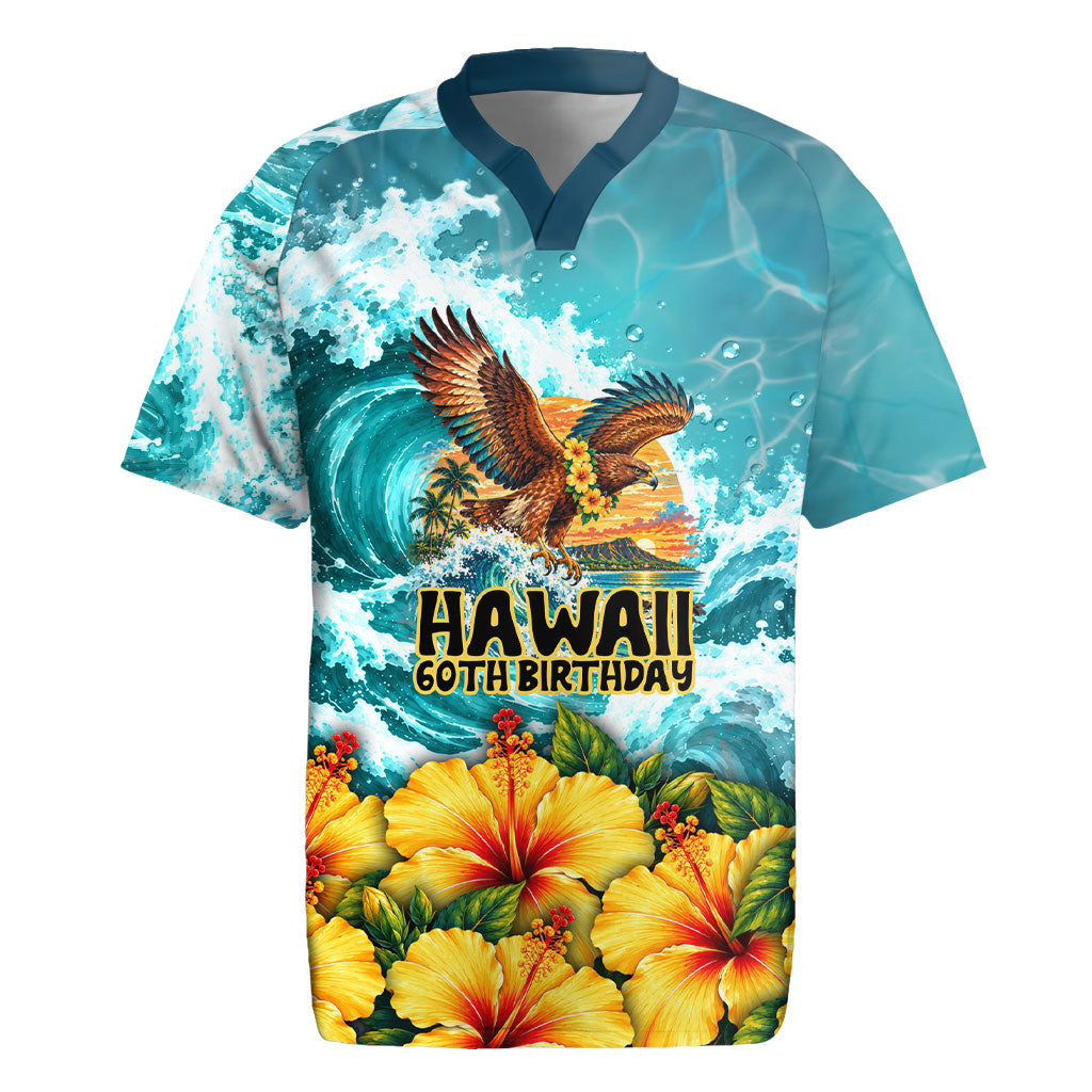 Personalized Hawaii 60th Birthday Eagle Rugby Jersey Tropical Sunset Beach Hibiscus Ocean Wave