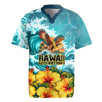 Personalized Hawaii 60th Birthday Eagle Rugby Jersey Tropical Sunset Beach Hibiscus Ocean Wave