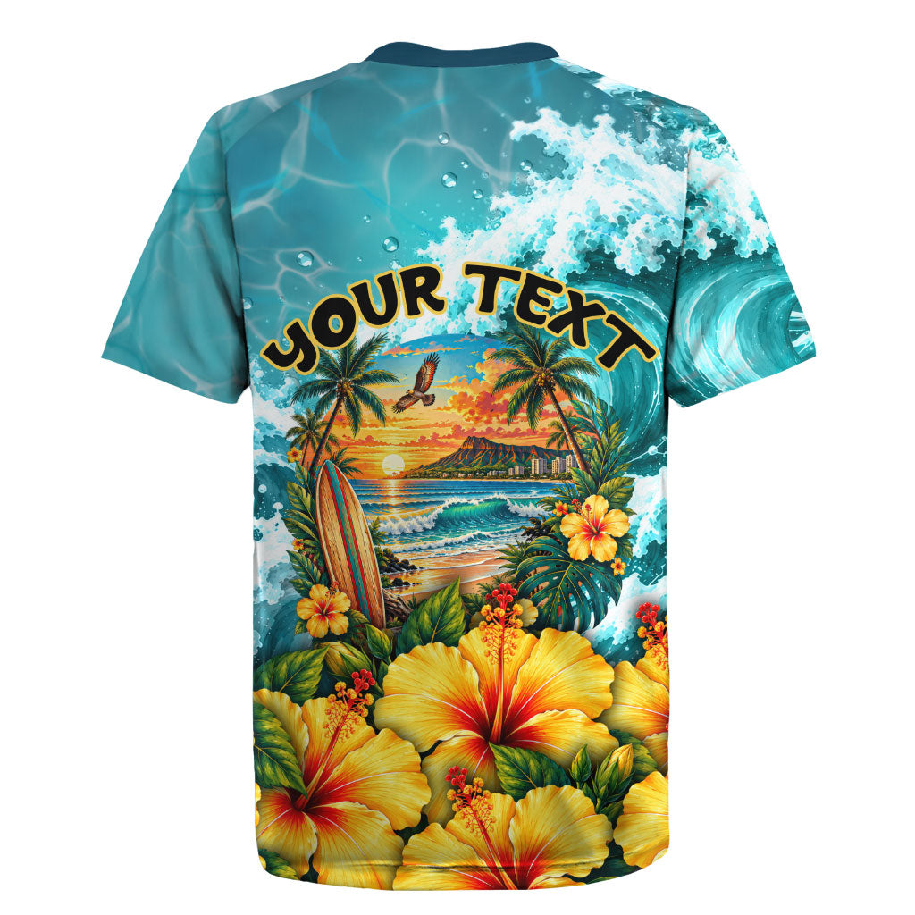Personalized Hawaii 60th Birthday Eagle Rugby Jersey Tropical Sunset Beach Hibiscus Ocean Wave