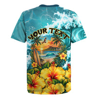 Personalized Hawaii 60th Birthday Eagle Rugby Jersey Tropical Sunset Beach Hibiscus Ocean Wave