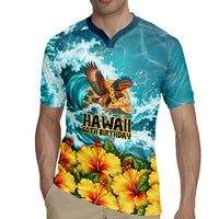 Personalized Hawaii 60th Birthday Eagle Rugby Jersey Tropical Sunset Beach Hibiscus Ocean Wave