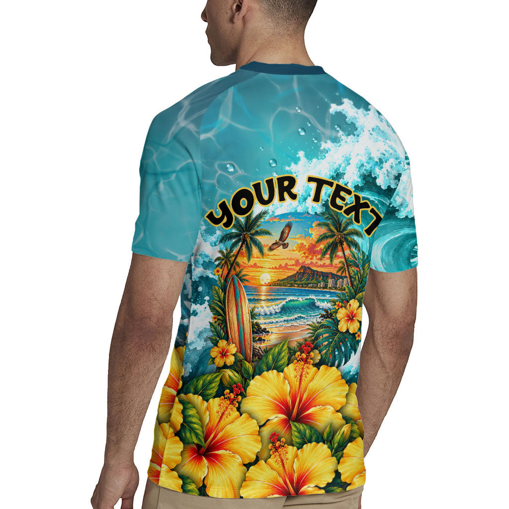 Personalized Hawaii 60th Birthday Eagle Rugby Jersey Tropical Sunset Beach Hibiscus Ocean Wave