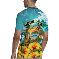 Personalized Hawaii 60th Birthday Eagle Rugby Jersey Tropical Sunset Beach Hibiscus Ocean Wave