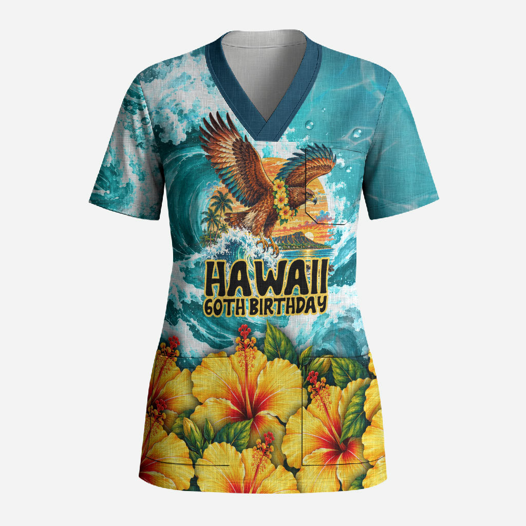 Personalized Hawaii 60th Birthday Eagle Scrub Top Tropical Sunset Beach Hibiscus Ocean Wave TS04 Adult Blue Yellow - Polynesian Pride