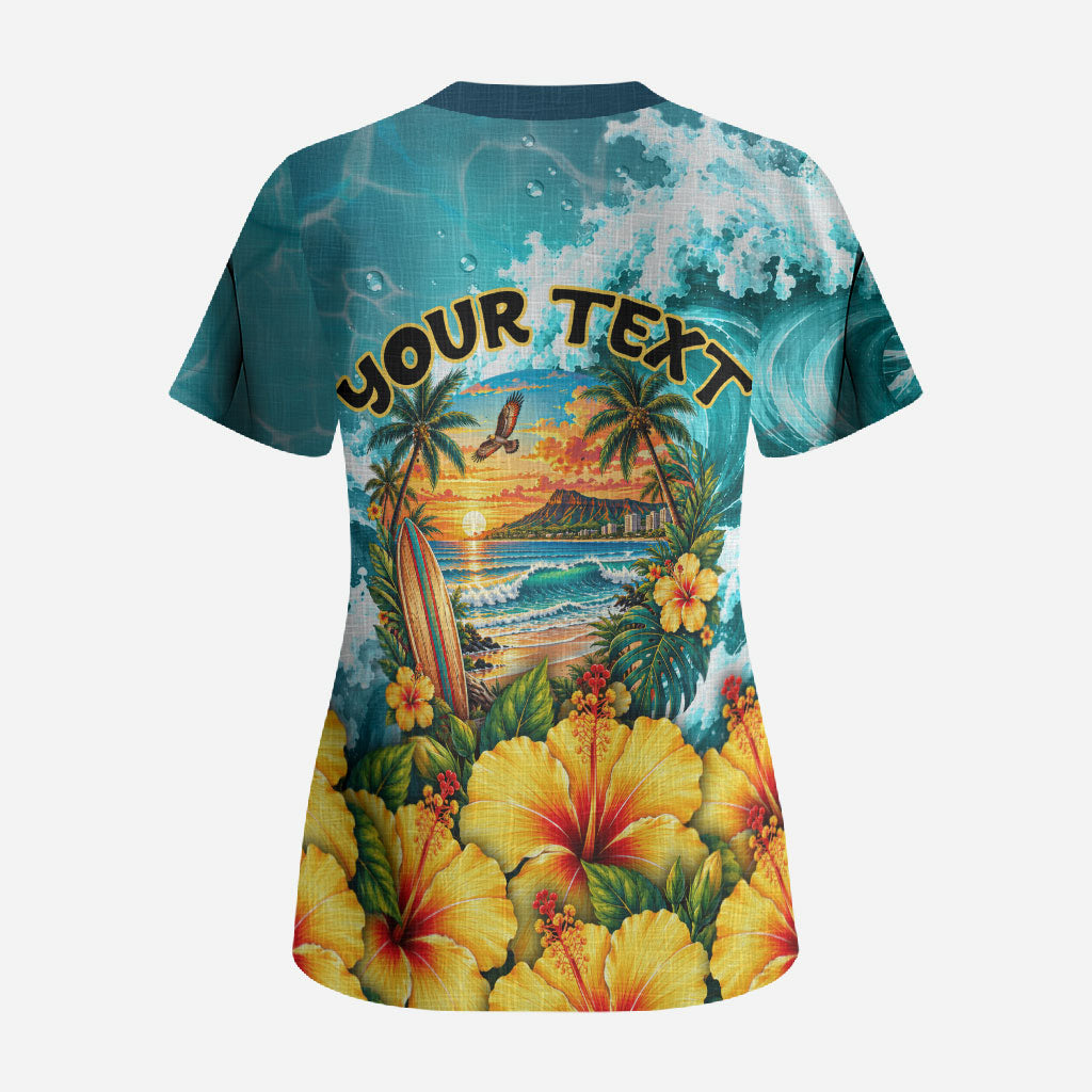 Personalized Hawaii 60th Birthday Eagle Scrub Top Tropical Sunset Beach Hibiscus Ocean Wave