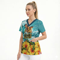 Personalized Hawaii 60th Birthday Eagle Scrub Top Tropical Sunset Beach Hibiscus Ocean Wave
