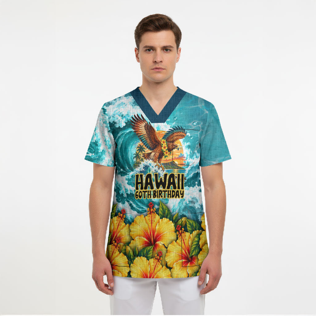 Personalized Hawaii 60th Birthday Eagle Scrub Top Tropical Sunset Beach Hibiscus Ocean Wave