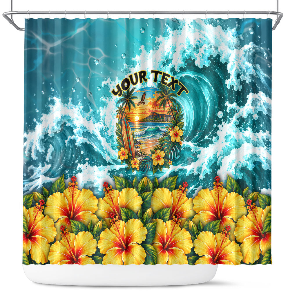 Personalized Hawaii 60th Birthday Eagle Shower Curtain Tropical Sunset Beach Hibiscus Ocean Wave TS04 Blue Yellow - Polynesian Pride