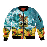 Personalized Hawaii 60th Birthday Eagle Sleeve Zip Bomber Jacket Tropical Sunset Beach Hibiscus Ocean Wave TS04 Unisex Blue Yellow - Polynesian Pride