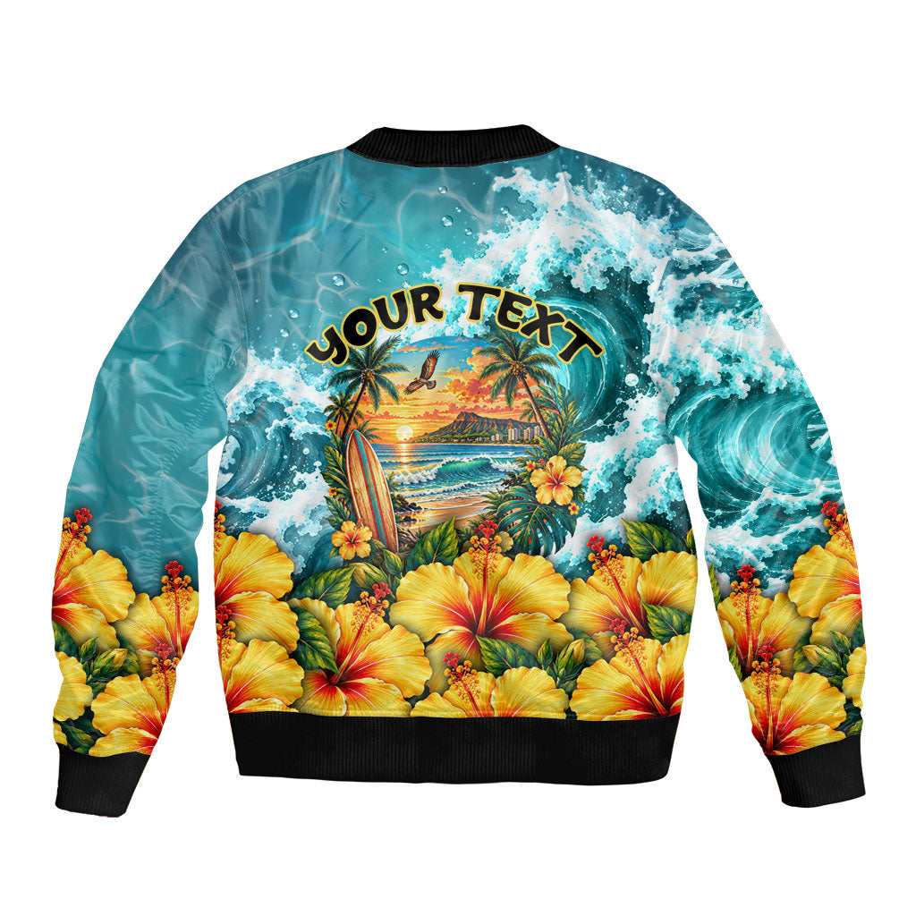 Personalized Hawaii 60th Birthday Eagle Sleeve Zip Bomber Jacket Tropical Sunset Beach Hibiscus Ocean Wave TS04 - Polynesian Pride