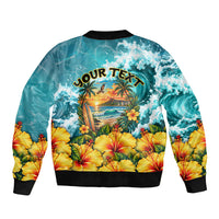 Personalized Hawaii 60th Birthday Eagle Sleeve Zip Bomber Jacket Tropical Sunset Beach Hibiscus Ocean Wave TS04 - Polynesian Pride
