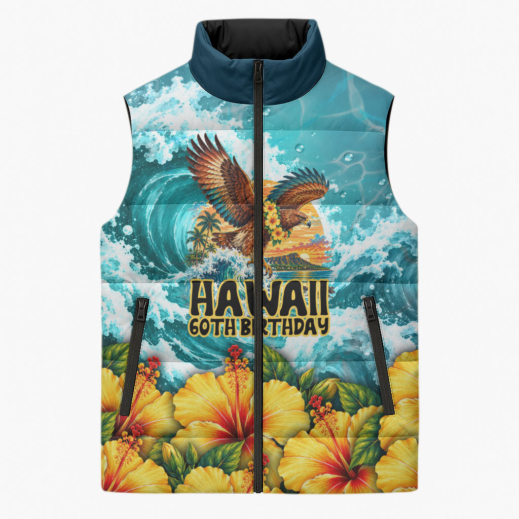 Personalized Hawaii 60th Birthday Eagle Sleeveless Puffer Jacket Tropical Sunset Beach Hibiscus Ocean Wave