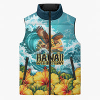 Personalized Hawaii 60th Birthday Eagle Sleeveless Puffer Jacket Tropical Sunset Beach Hibiscus Ocean Wave