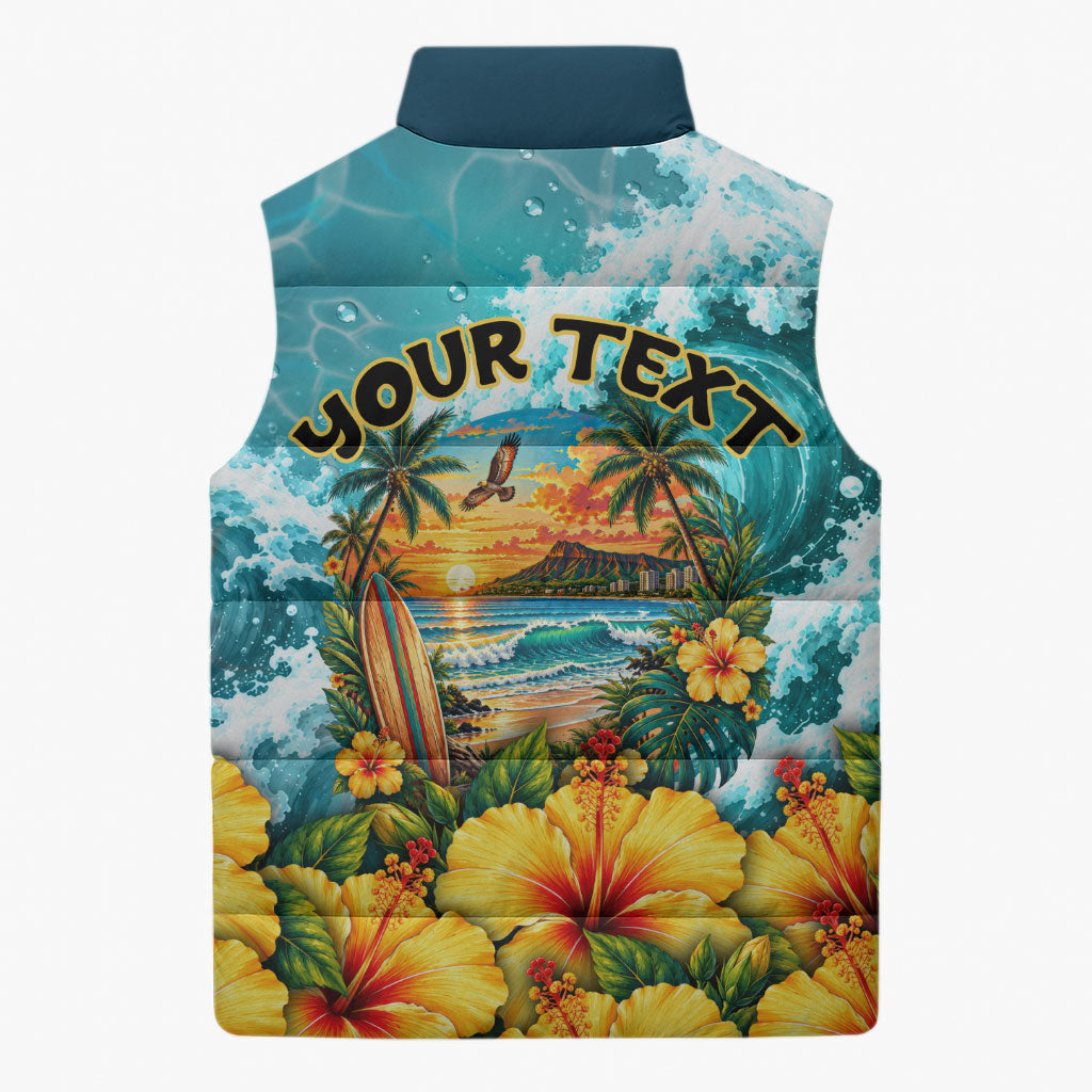 Personalized Hawaii 60th Birthday Eagle Sleeveless Puffer Jacket Tropical Sunset Beach Hibiscus Ocean Wave