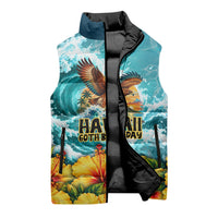 Personalized Hawaii 60th Birthday Eagle Sleeveless Puffer Jacket Tropical Sunset Beach Hibiscus Ocean Wave