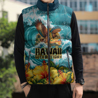 Personalized Hawaii 60th Birthday Eagle Sleeveless Puffer Jacket Tropical Sunset Beach Hibiscus Ocean Wave