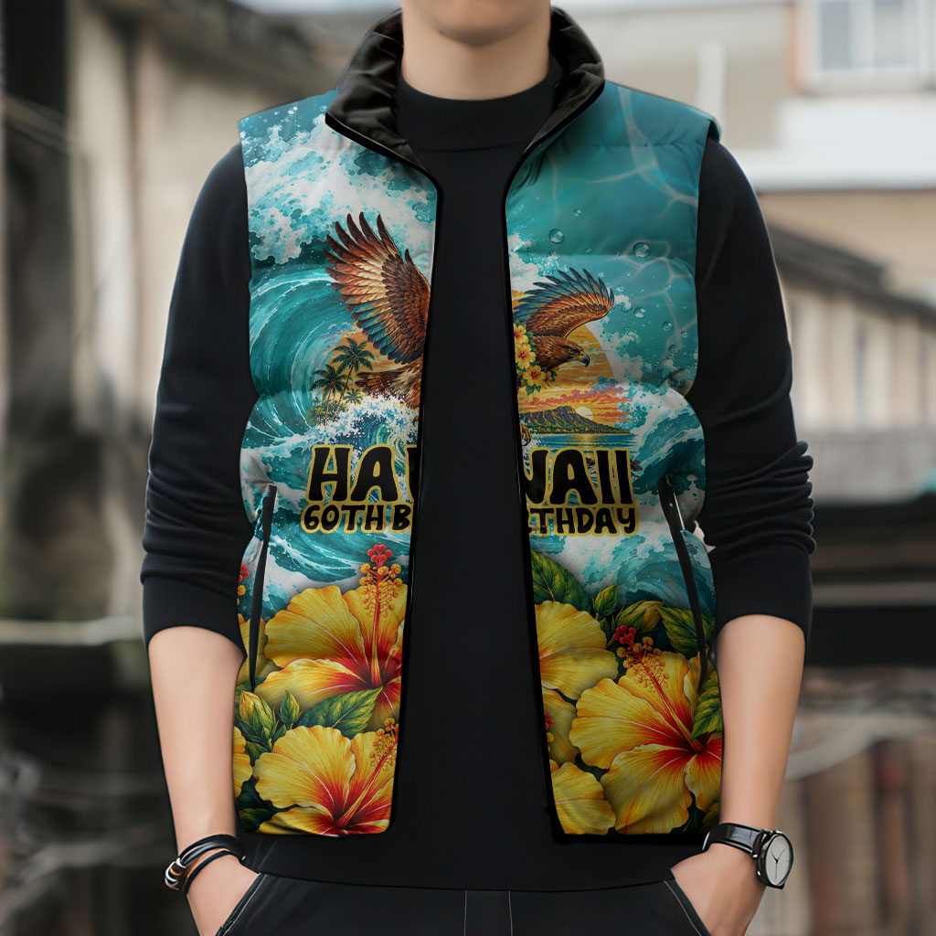Personalized Hawaii 60th Birthday Eagle Sleeveless Puffer Jacket Tropical Sunset Beach Hibiscus Ocean Wave