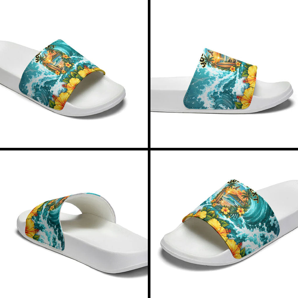 Personalized Hawaii 60th Birthday Eagle Slide Sandals Tropical Sunset Beach Hibiscus Ocean Wave