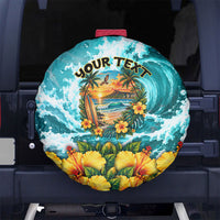 Personalized Hawaii 60th Birthday Eagle Spare Tire Cover Tropical Sunset Beach Hibiscus Ocean Wave TS04 No hole Blue Yellow - Polynesian Pride