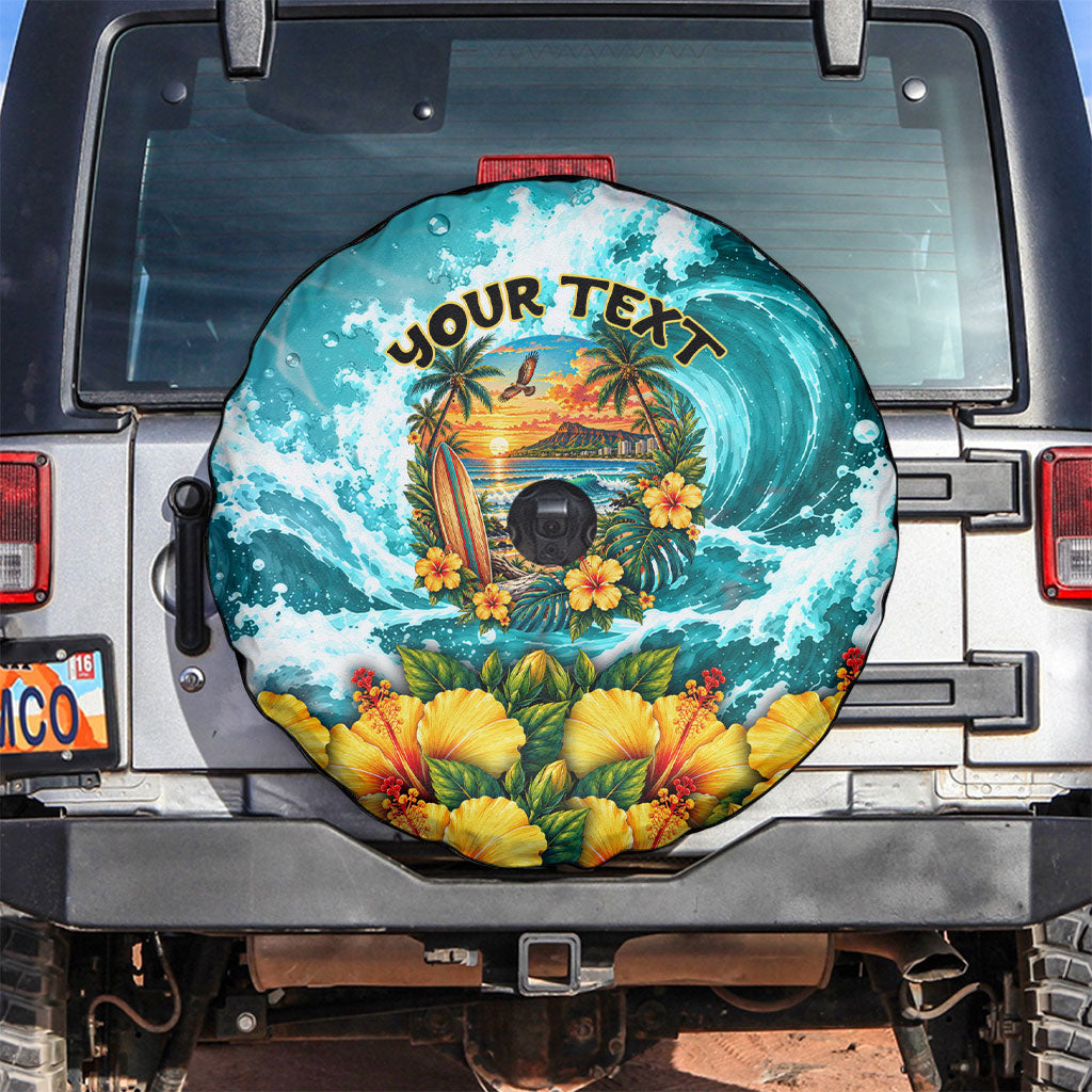 Personalized Hawaii 60th Birthday Eagle Spare Tire Cover Tropical Sunset Beach Hibiscus Ocean Wave TS04 Blue Yellow - Polynesian Pride