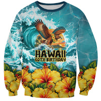 Personalized Hawaii 60th Birthday Eagle Sweatshirt Tropical Sunset Beach Hibiscus Ocean Wave