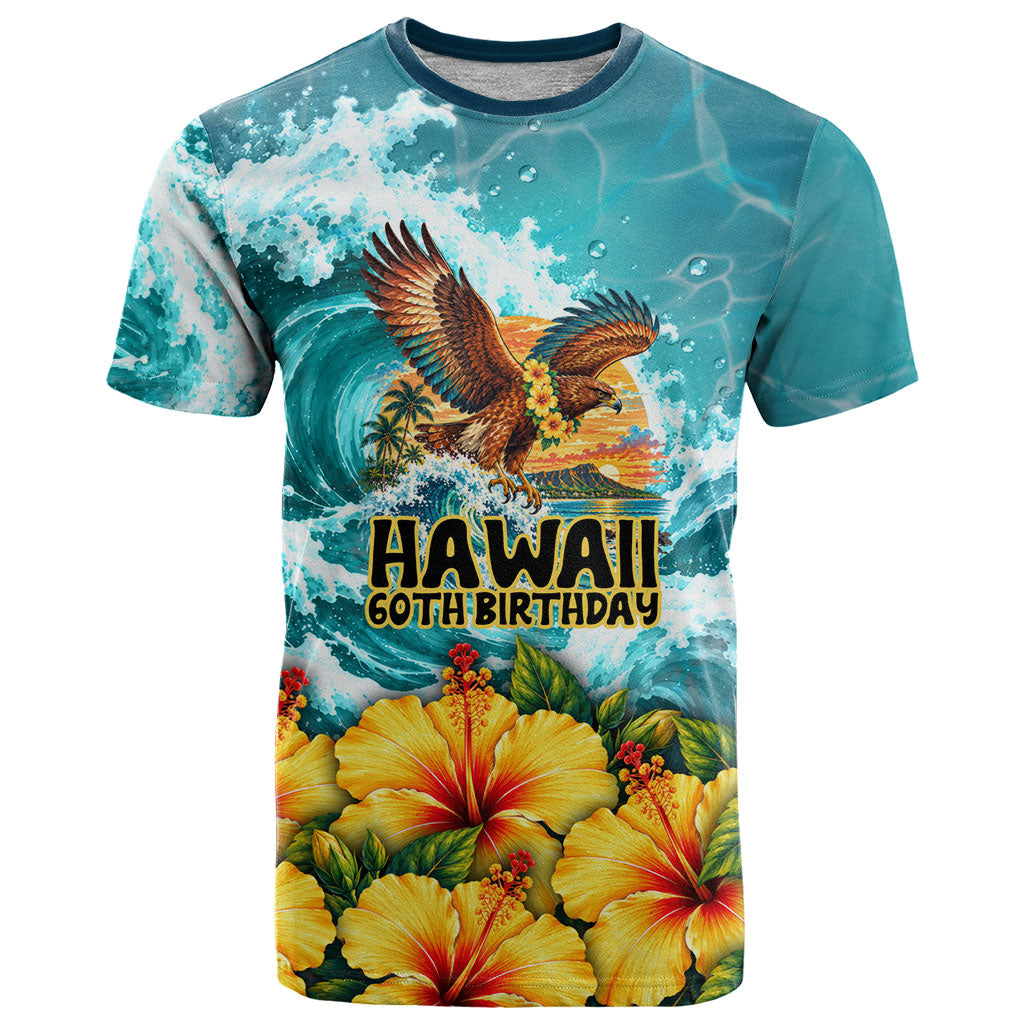 Personalized Hawaii 60th Birthday Eagle T Shirt Tropical Sunset Beach Hibiscus Ocean Wave TS04 Blue Yellow - Polynesian Pride