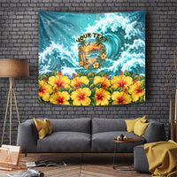 Personalized Hawaii 60th Birthday Eagle Tapestry Tropical Sunset Beach Hibiscus Ocean Wave TS04 Blue Yellow - Polynesian Pride