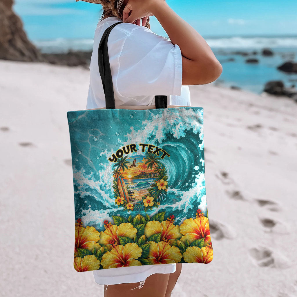 Personalized Hawaii 60th Birthday Eagle Tote Bag Tropical Sunset Beach Hibiscus Ocean Wave