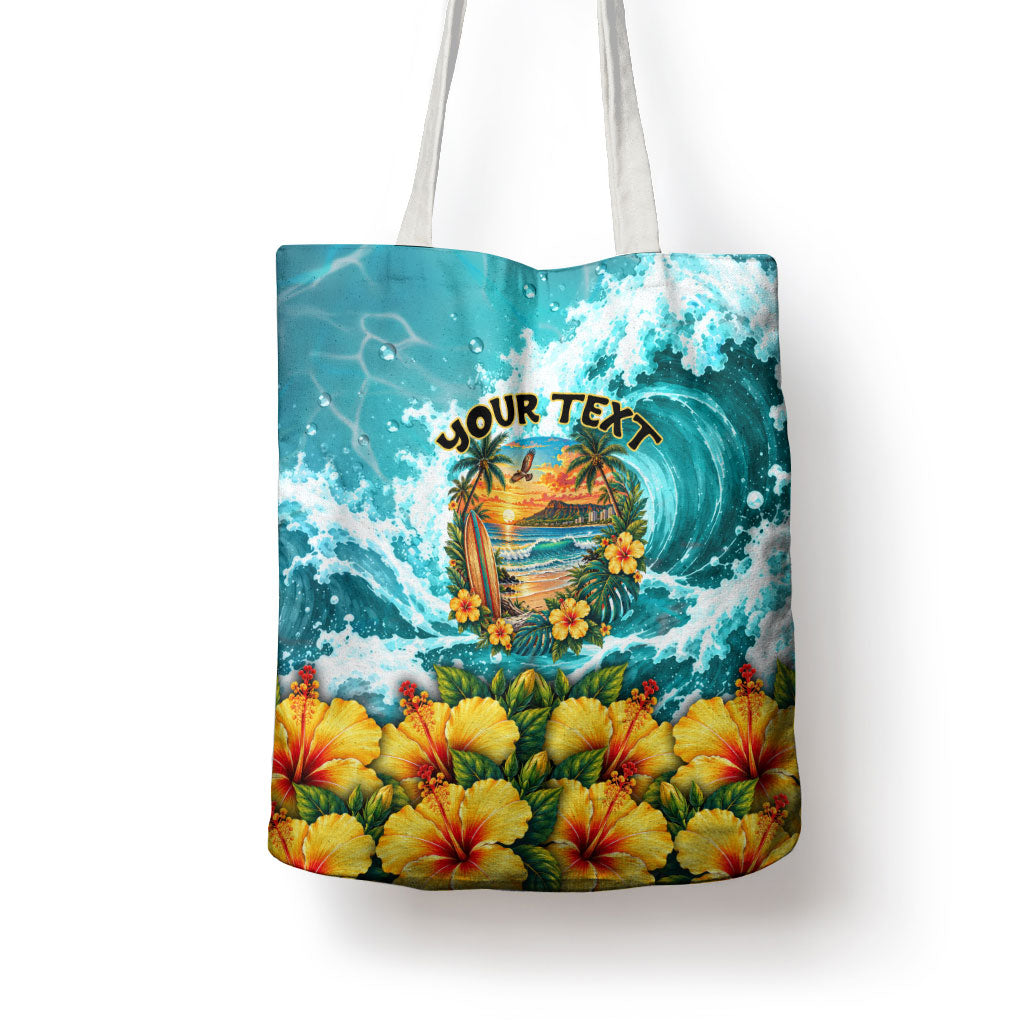 Personalized Hawaii 60th Birthday Eagle Tote Bag Tropical Sunset Beach Hibiscus Ocean Wave