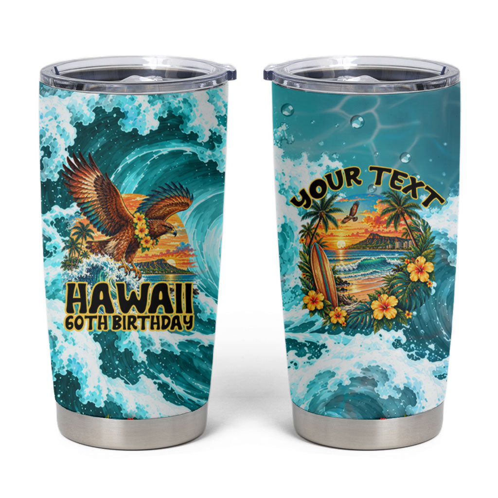 Personalized Hawaii 60th Birthday Eagle Tumbler Cup Tropical Sunset Beach Hibiscus Ocean Wave TS04 Blue Yellow - Polynesian Pride
