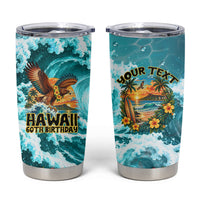 Personalized Hawaii 60th Birthday Eagle Tumbler Cup Tropical Sunset Beach Hibiscus Ocean Wave TS04 Blue Yellow - Polynesian Pride