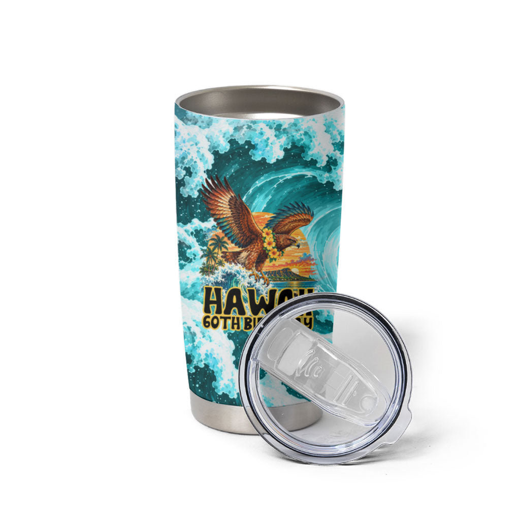 Personalized Hawaii 60th Birthday Eagle Tumbler Cup Tropical Sunset Beach Hibiscus Ocean Wave TS04 - Polynesian Pride