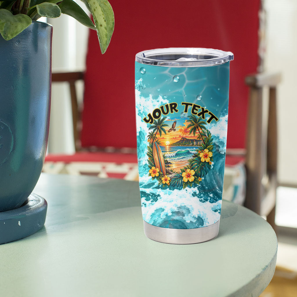 Personalized Hawaii 60th Birthday Eagle Tumbler Cup Tropical Sunset Beach Hibiscus Ocean Wave TS04 - Polynesian Pride