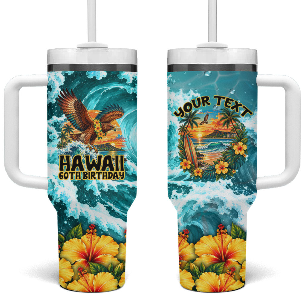 Personalized Hawaii 60th Birthday Eagle Tumbler With Handle Tropical Sunset Beach Hibiscus Ocean Wave TS04 One Size: 40 oz Blue Yellow - Polynesian Pride