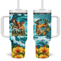 Personalized Hawaii 60th Birthday Eagle Tumbler With Handle Tropical Sunset Beach Hibiscus Ocean Wave TS04 One Size: 40 oz Blue Yellow - Polynesian Pride