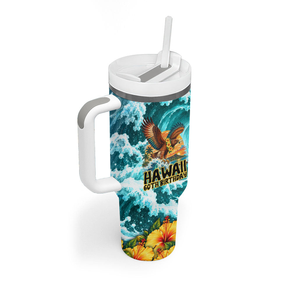 Personalized Hawaii 60th Birthday Eagle Tumbler With Handle Tropical Sunset Beach Hibiscus Ocean Wave TS04 - Polynesian Pride
