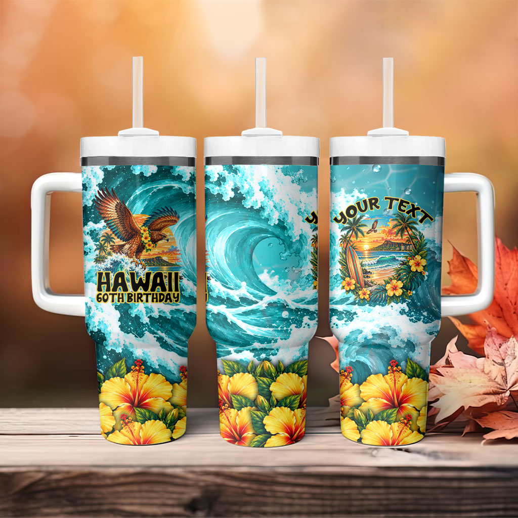 Personalized Hawaii 60th Birthday Eagle Tumbler With Handle Tropical Sunset Beach Hibiscus Ocean Wave TS04 - Polynesian Pride