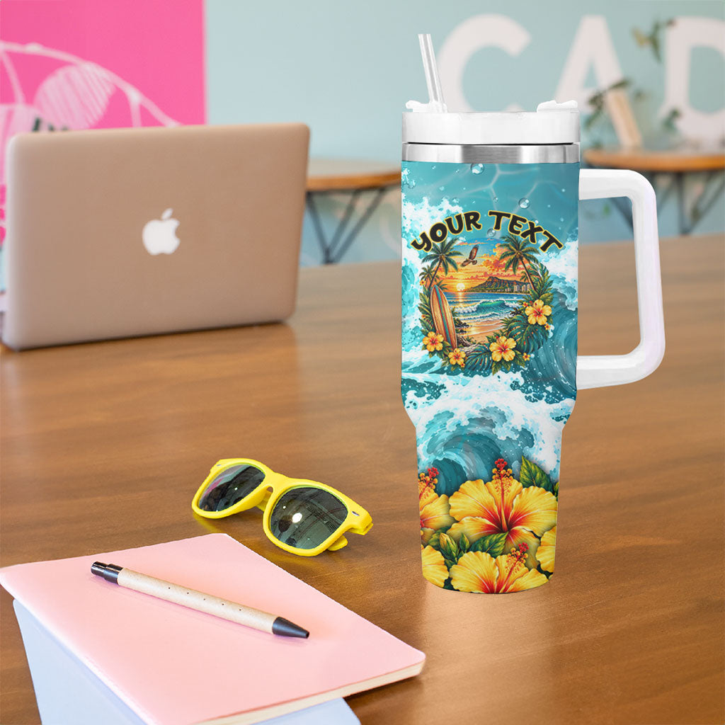 Personalized Hawaii 60th Birthday Eagle Tumbler With Handle Tropical Sunset Beach Hibiscus Ocean Wave TS04 - Polynesian Pride
